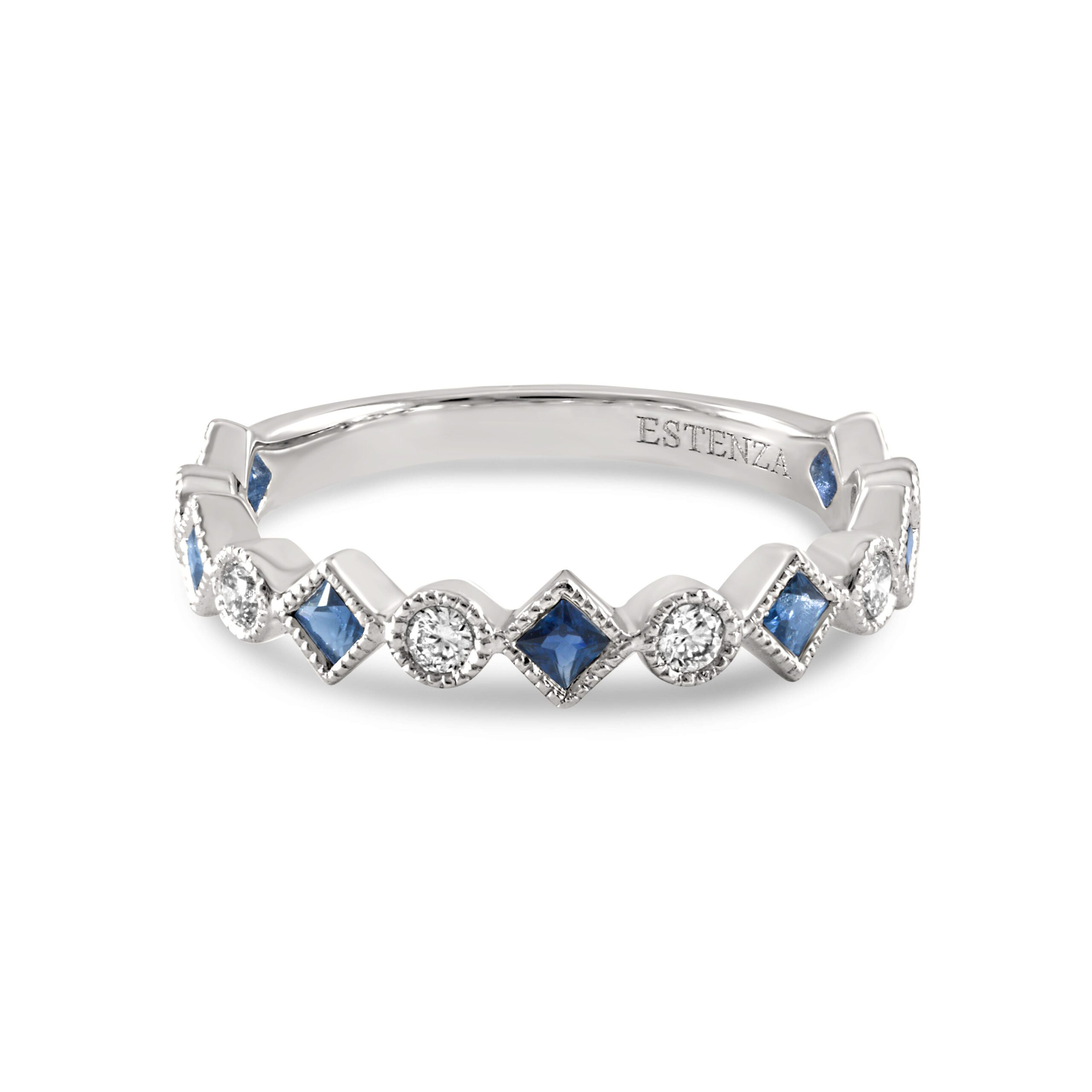 14K White Gold Princess Cut Diamond & Blue Sapphire Band 0.25carat