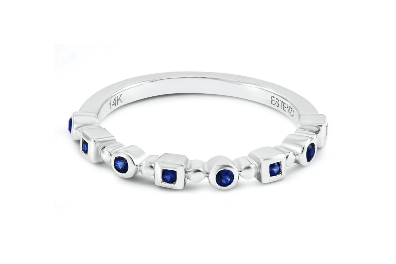 14K Gold Stackable Diamond & Blue Sapphire Band 0.15carat