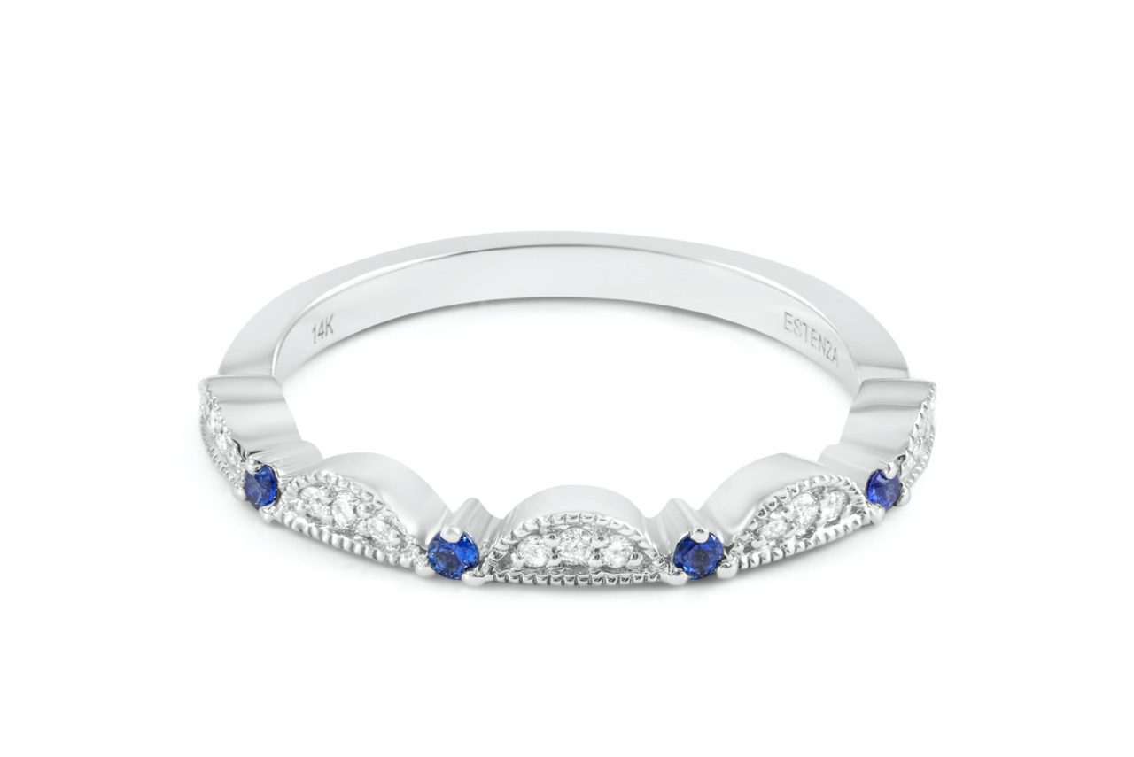 14K Gold Stackable Diamond & Blue Sapphire Band 0.10carat