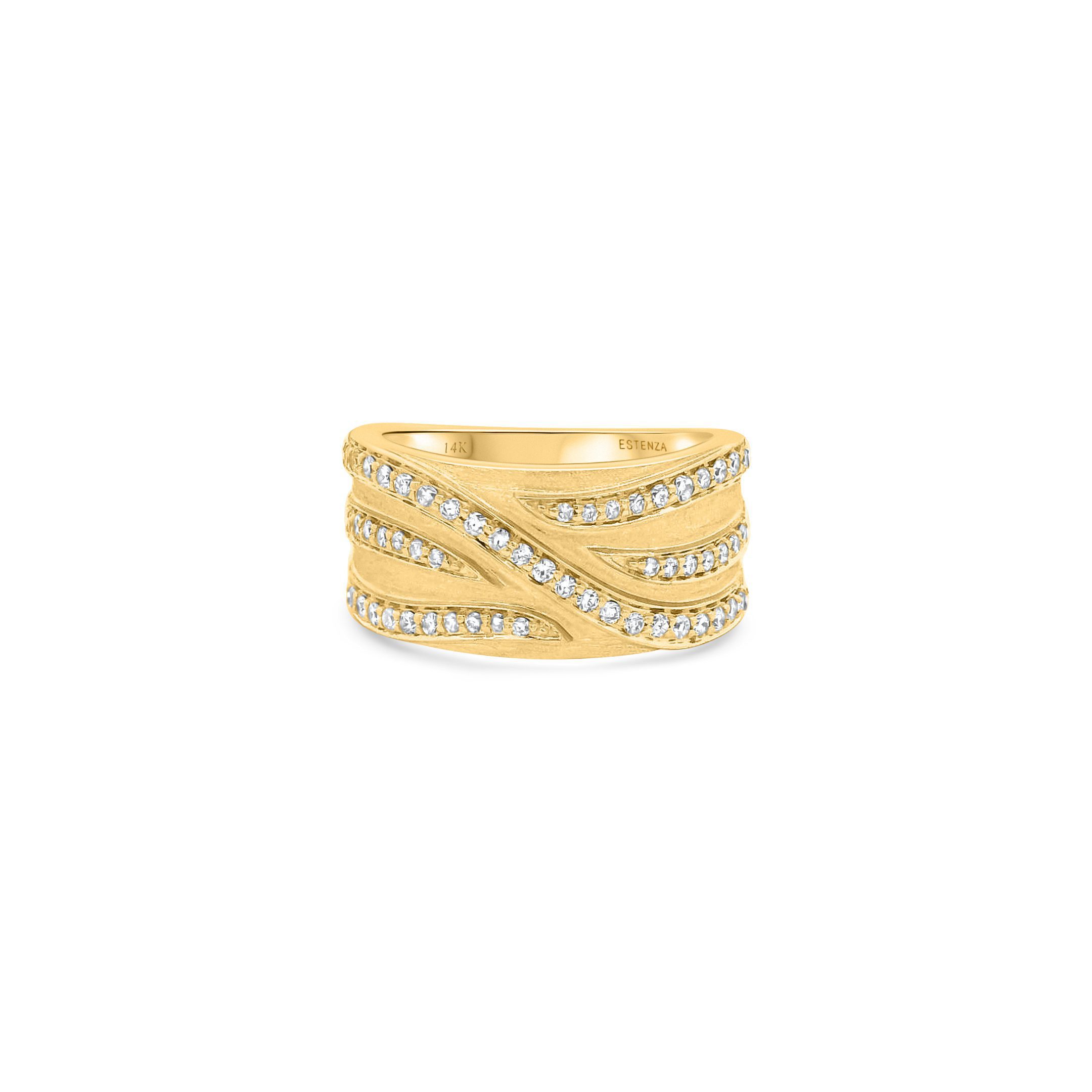 14K Yellow Gold Brushed Diamond Wide Band Ring 0.45carat