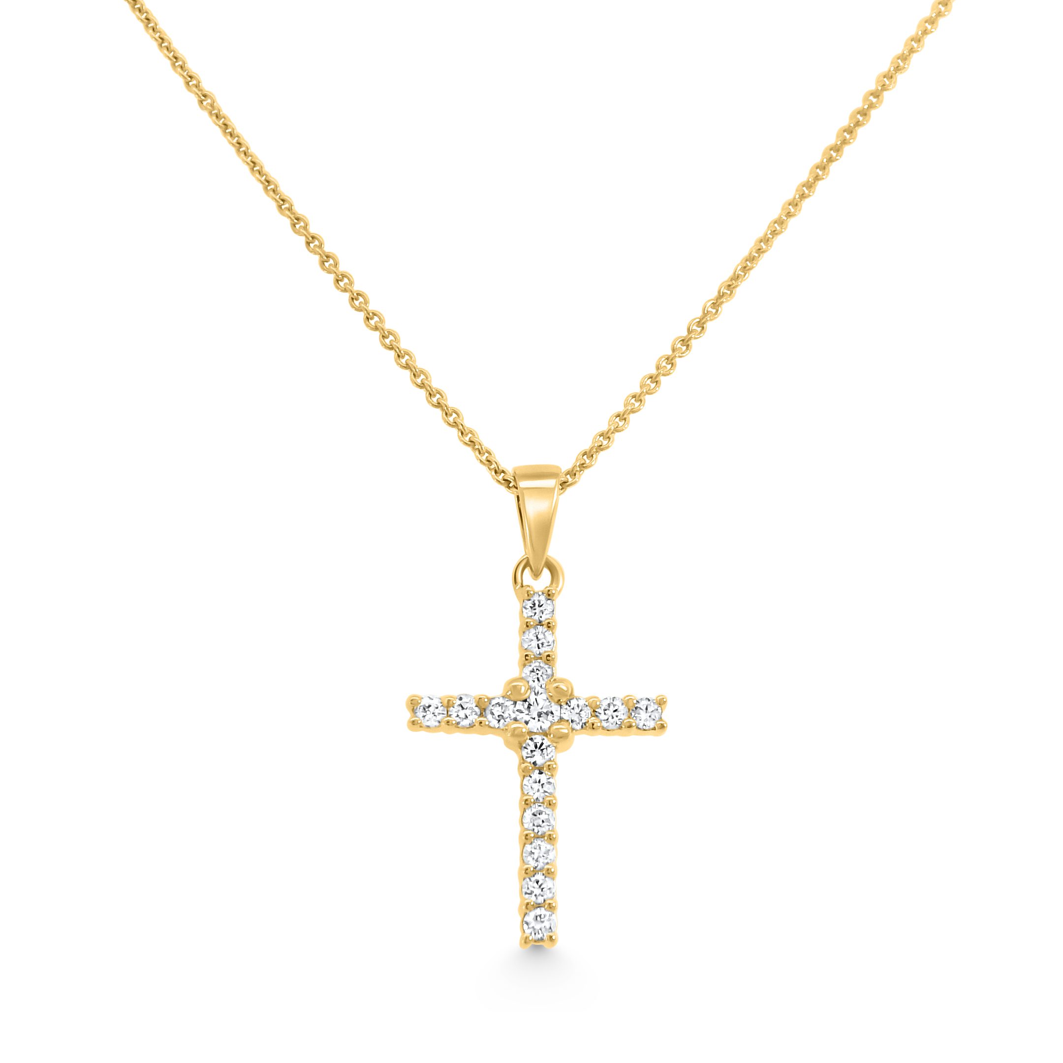 14K Yellow Gold Natural Diamond Classic Cross Pendant Necklace