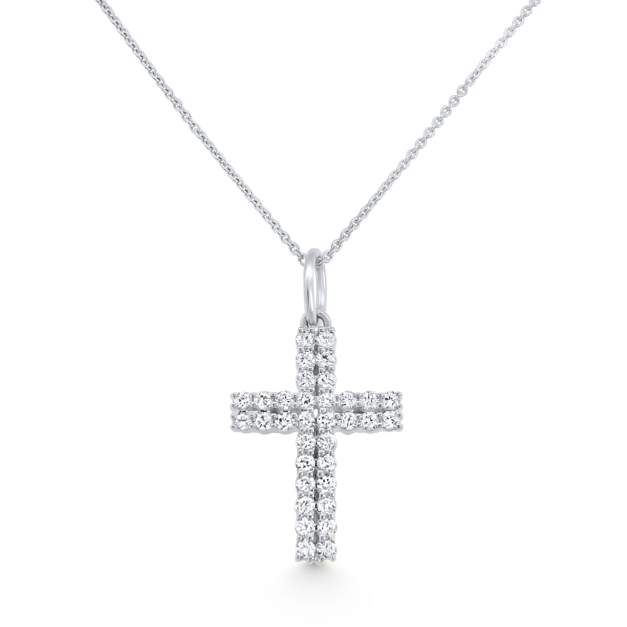 14K White Gold Natural Diamond Double-Row Cross Pendant Necklace