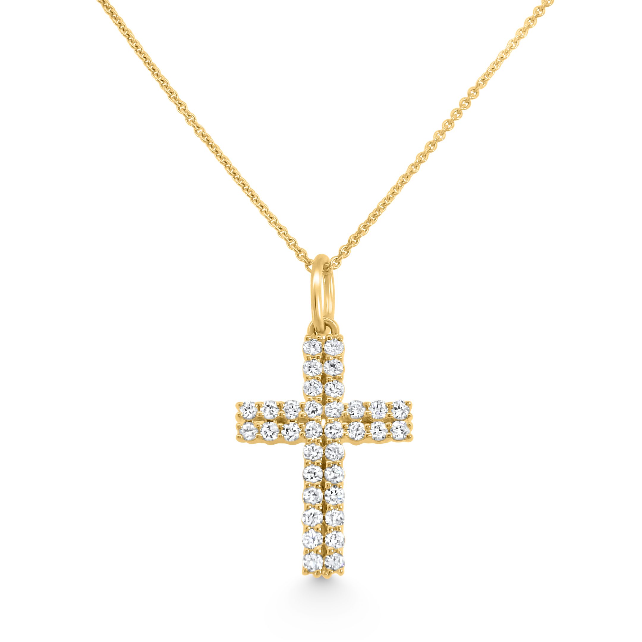14K Yellow Gold Natural Diamond Double-Row Cross Pendant Necklace