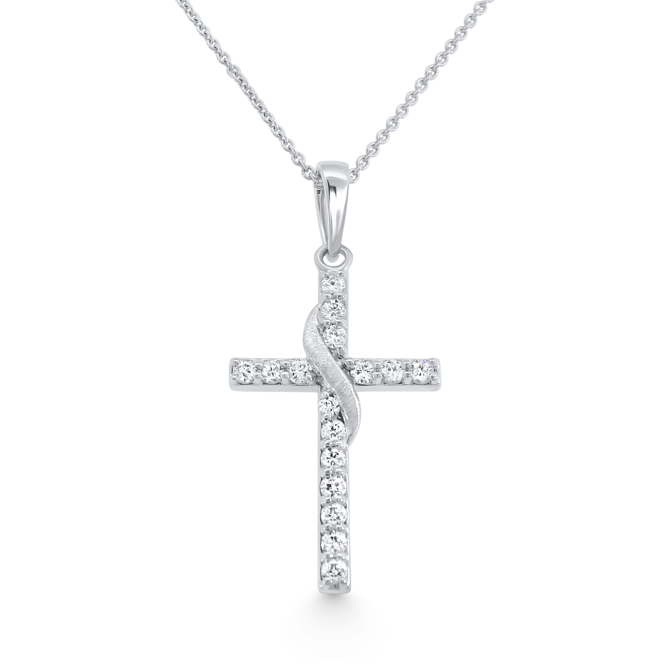 14K White Gold Natural Diamond Ribbon-Wrap Cross Pendant Necklace