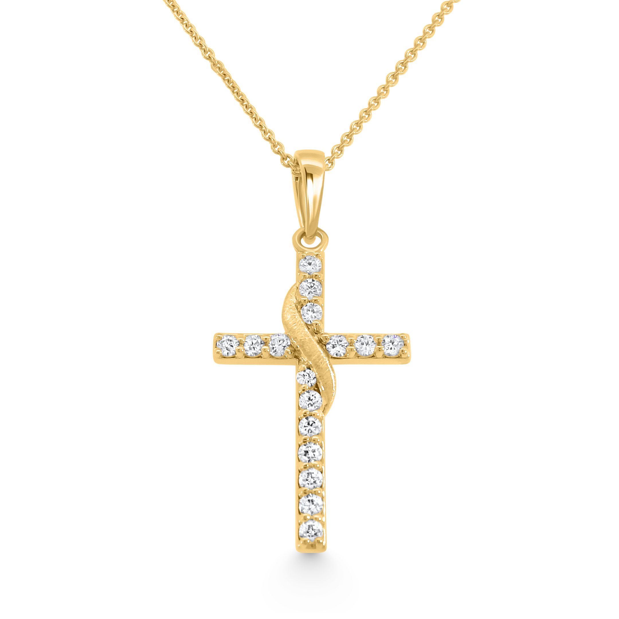 14K Yellow Gold Natural Diamond Ribbon-Wrap Cross Pendant Necklace