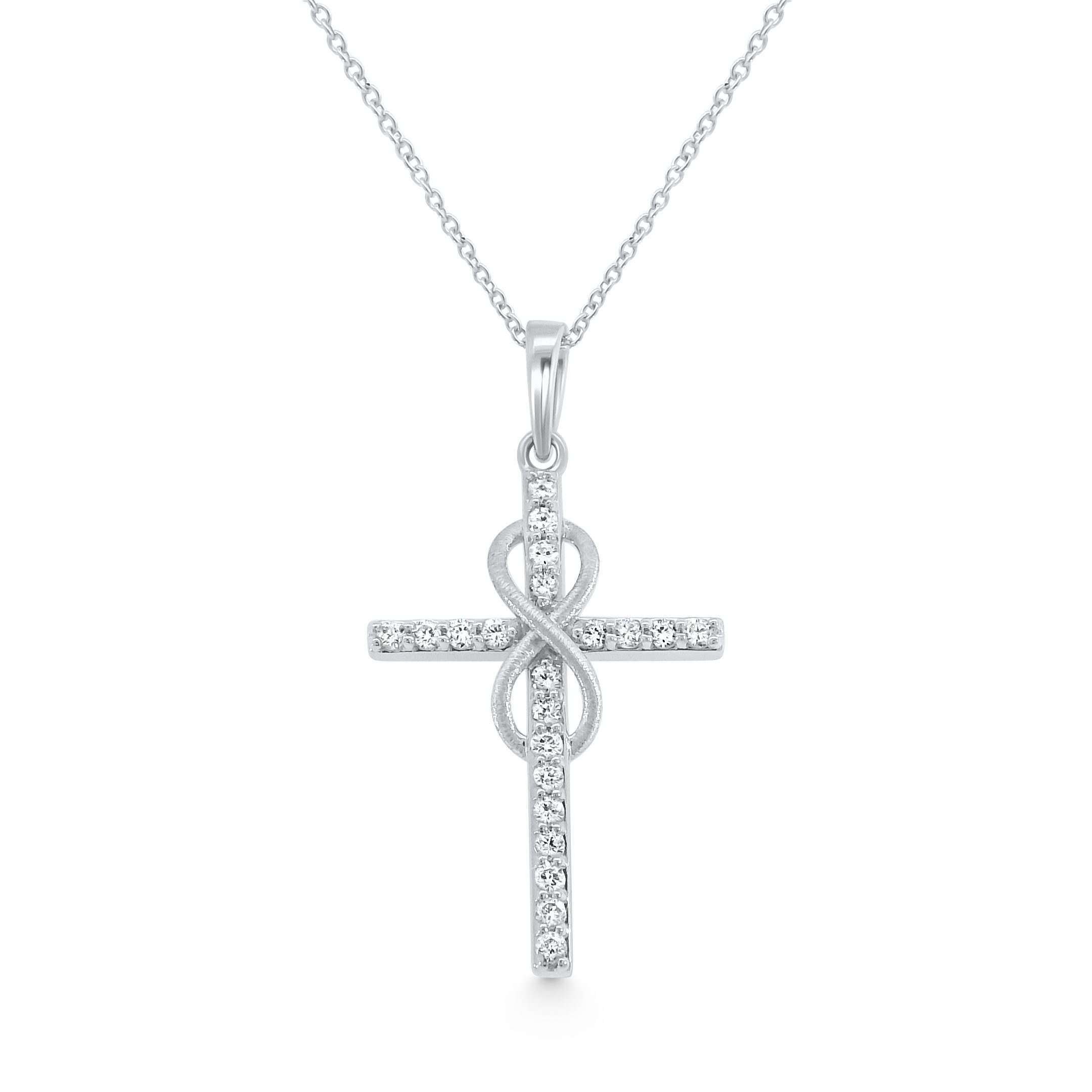 14K White Gold Natural Diamond Infinity Cross Pendant Necklace