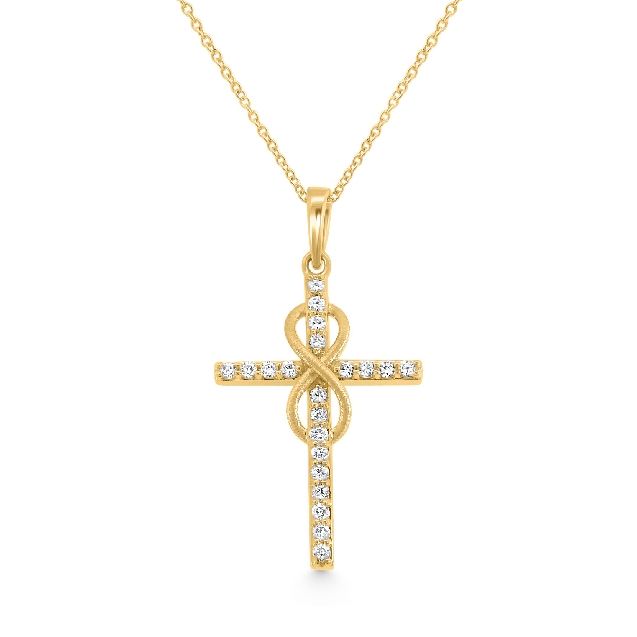 14K Yellow Gold Natural Diamond Infinity Cross Pendant Necklace