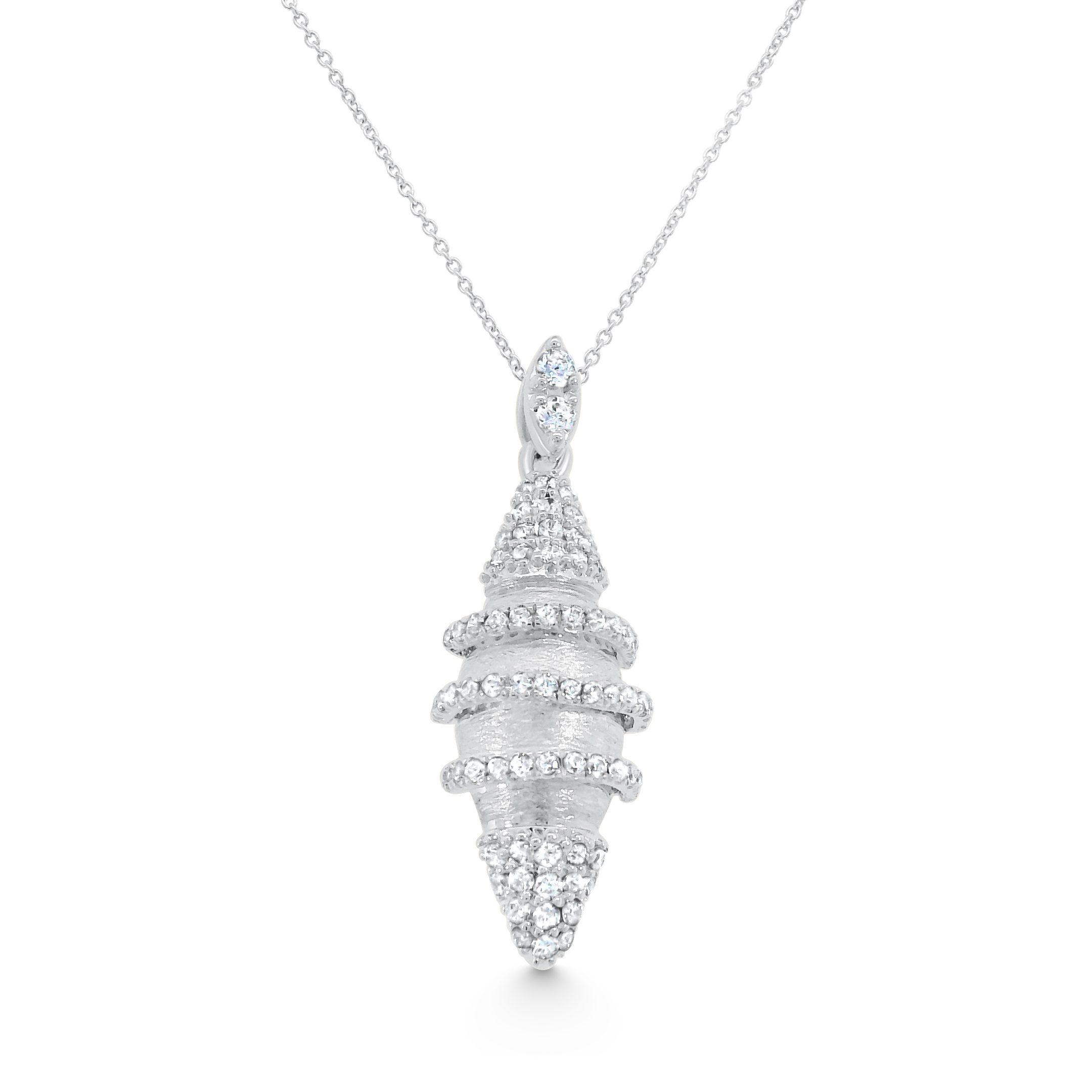 14K White Gold Natural Diamond Spiral Shell Pendant Necklace