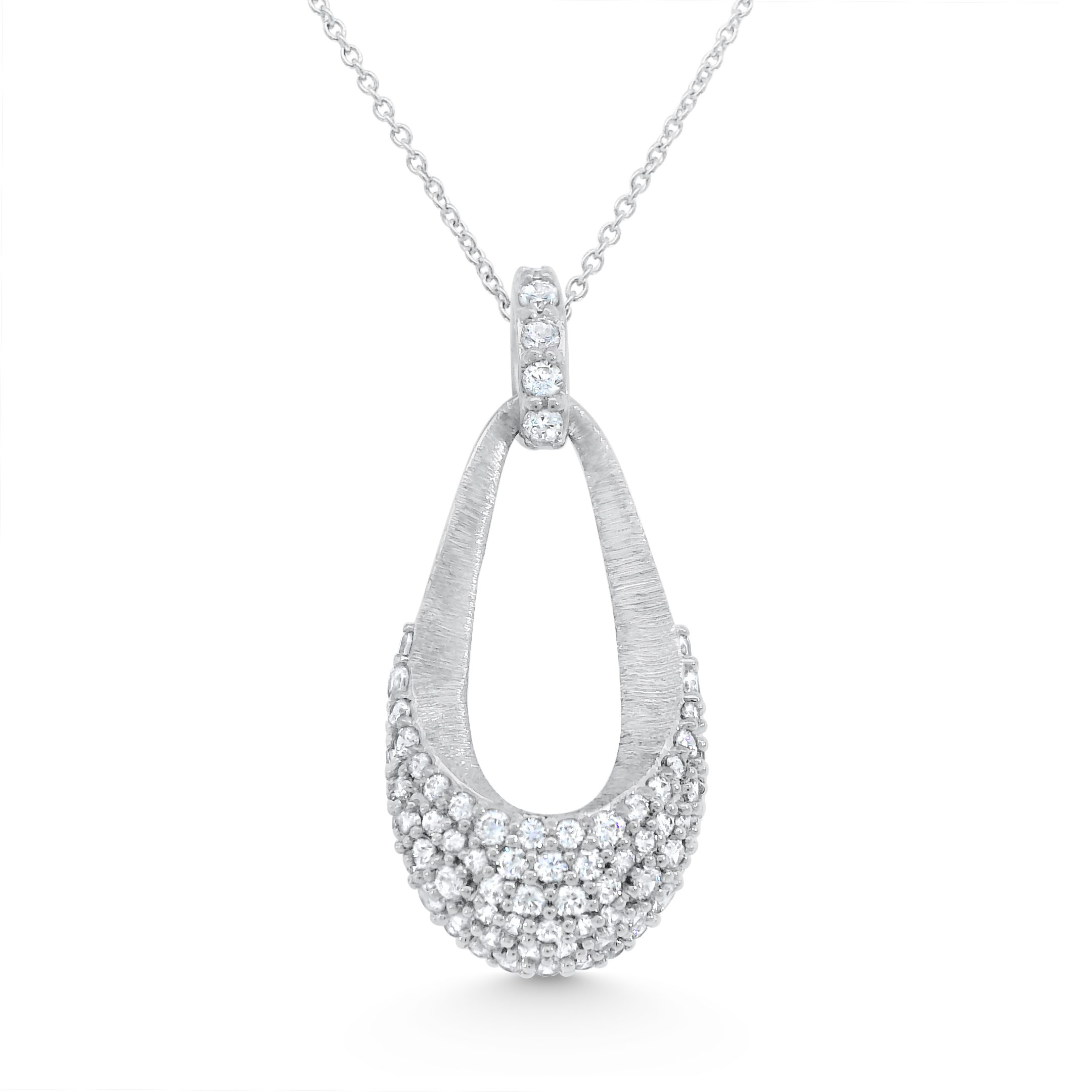 14K White Gold Natural Diamond Open Teardrop Doorknocker Pendant Necklace