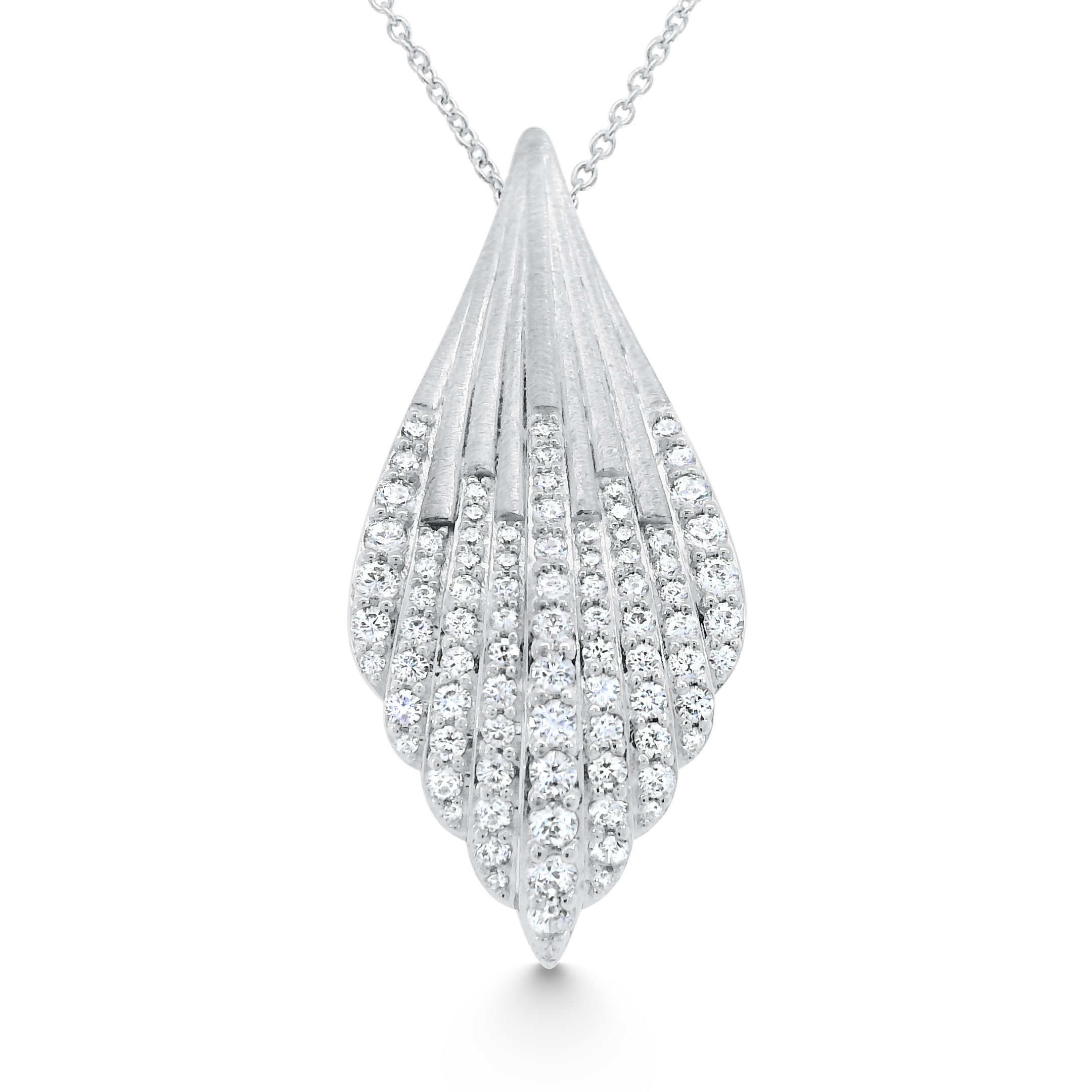 14K White Gold Natural Diamond Fluted Shell Drop Pendant