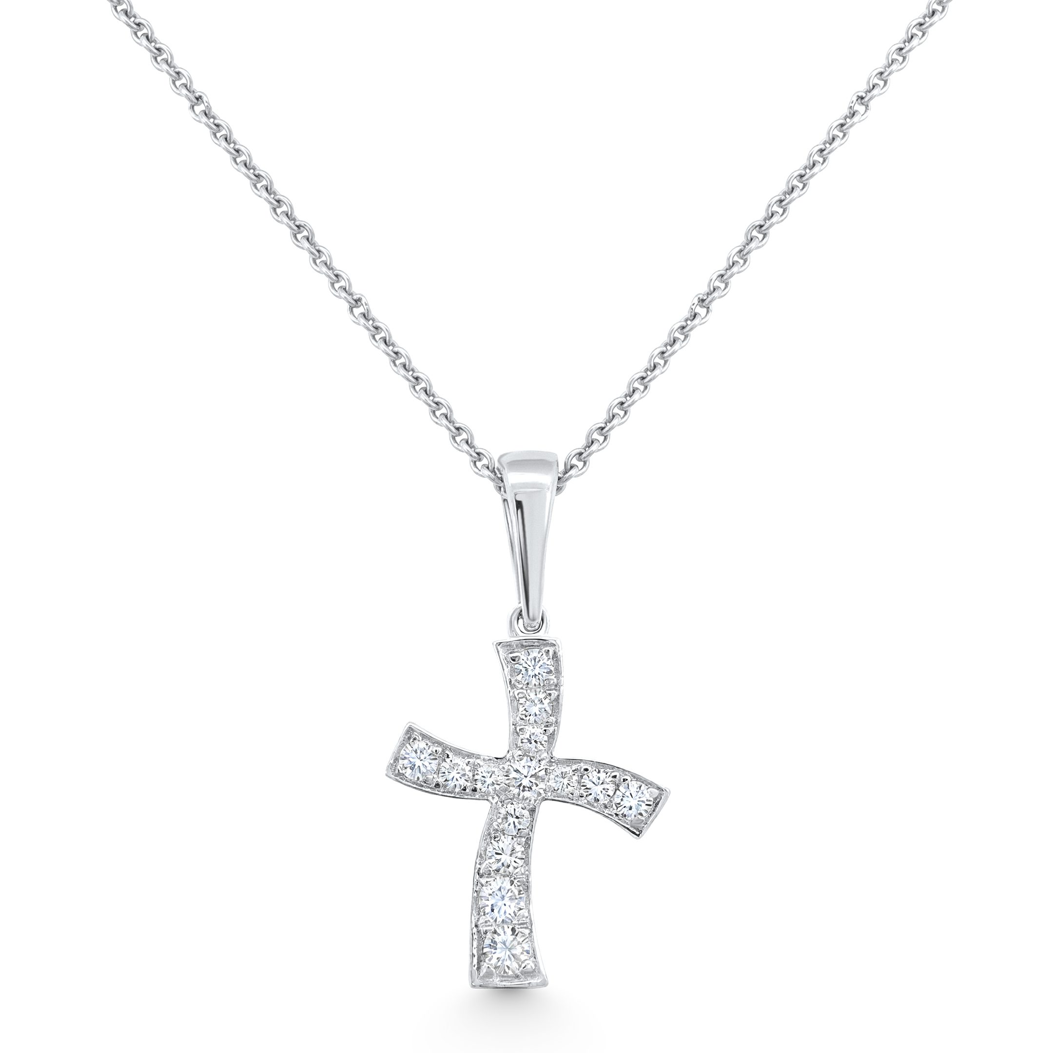 14K White Gold Natural Diamond Budded Cross Pendant Necklace