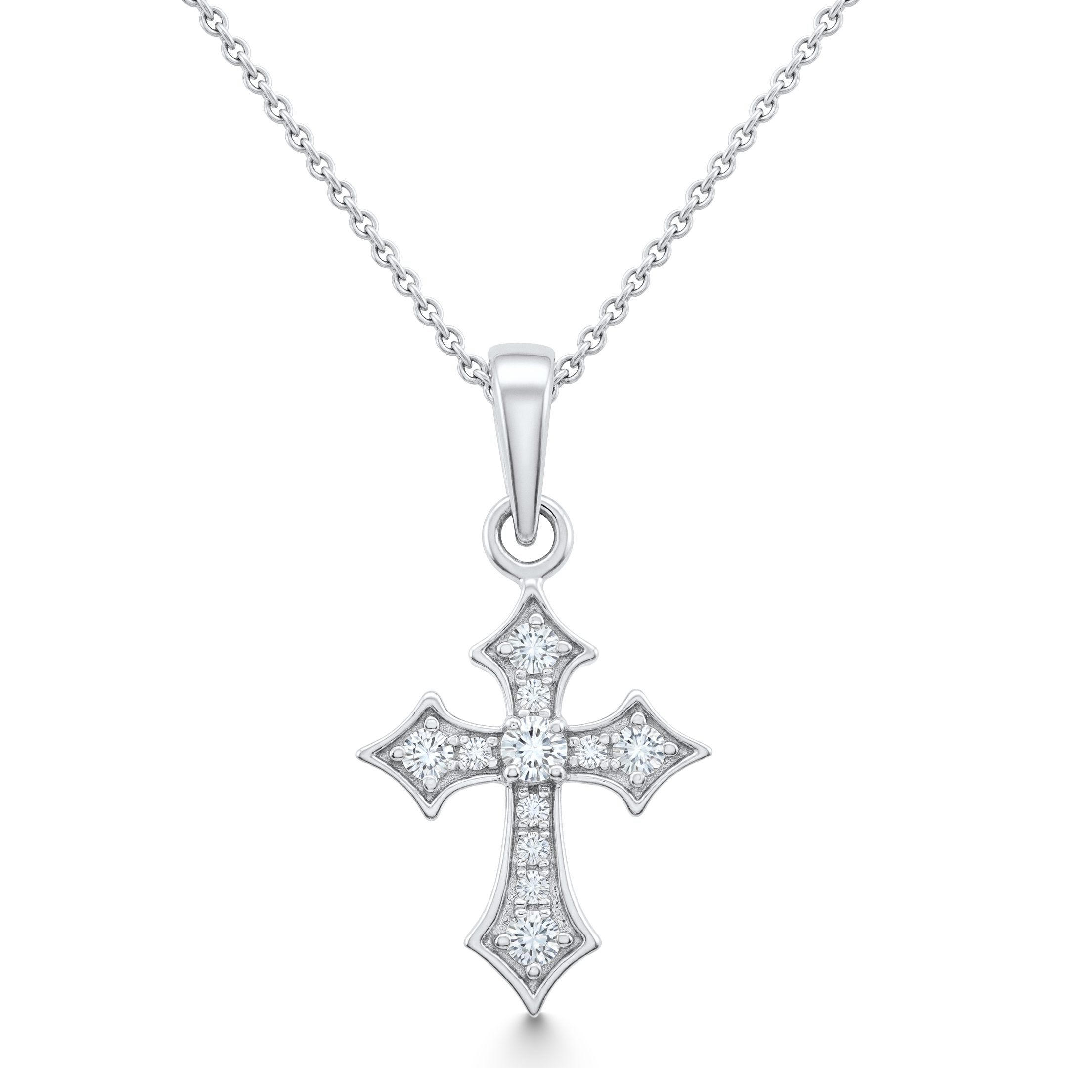 14K White Gold Natural Diamond Curved Cross Pendant Necklace
