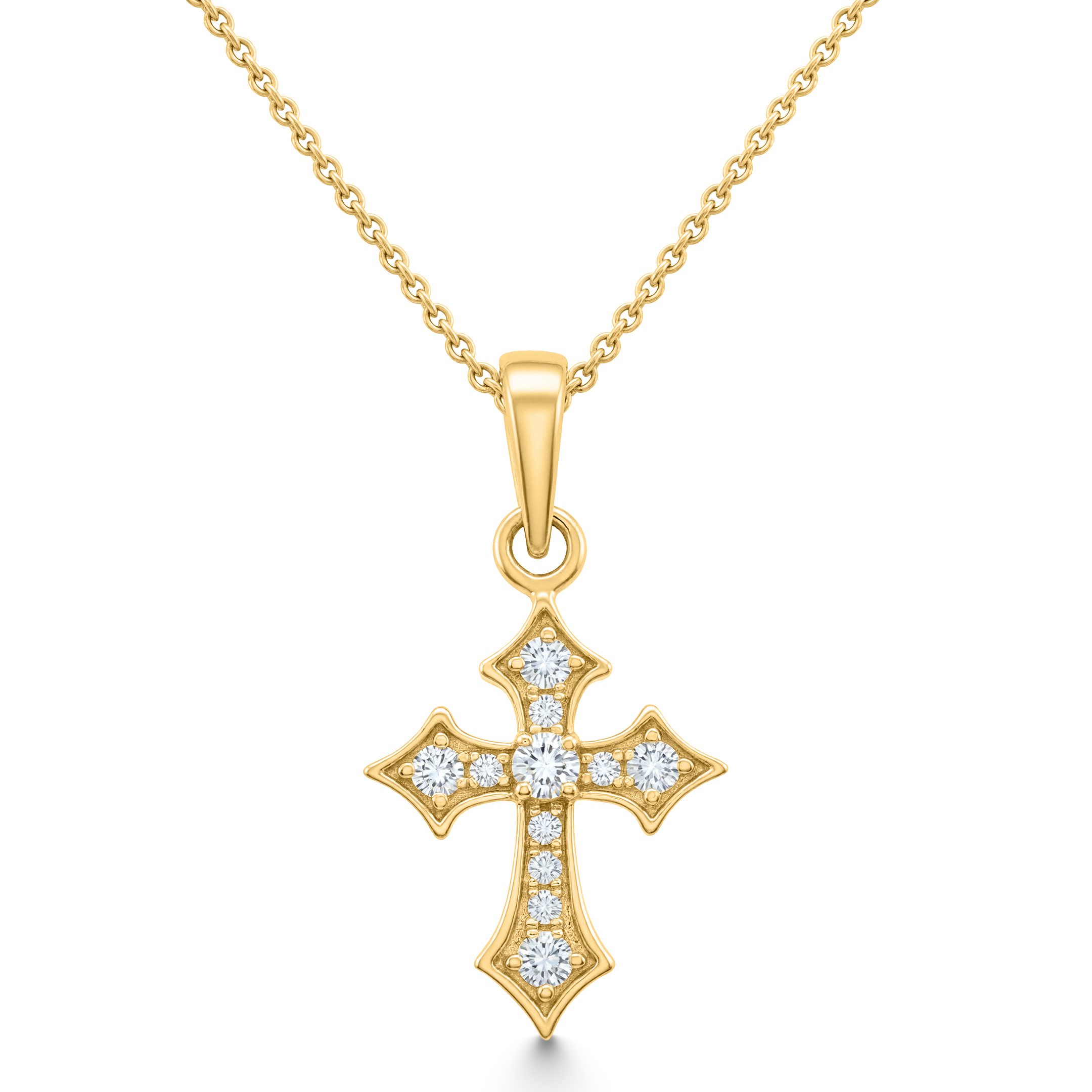 14K Yellow Gold Natural Diamond Curved Cross Pendant Necklace