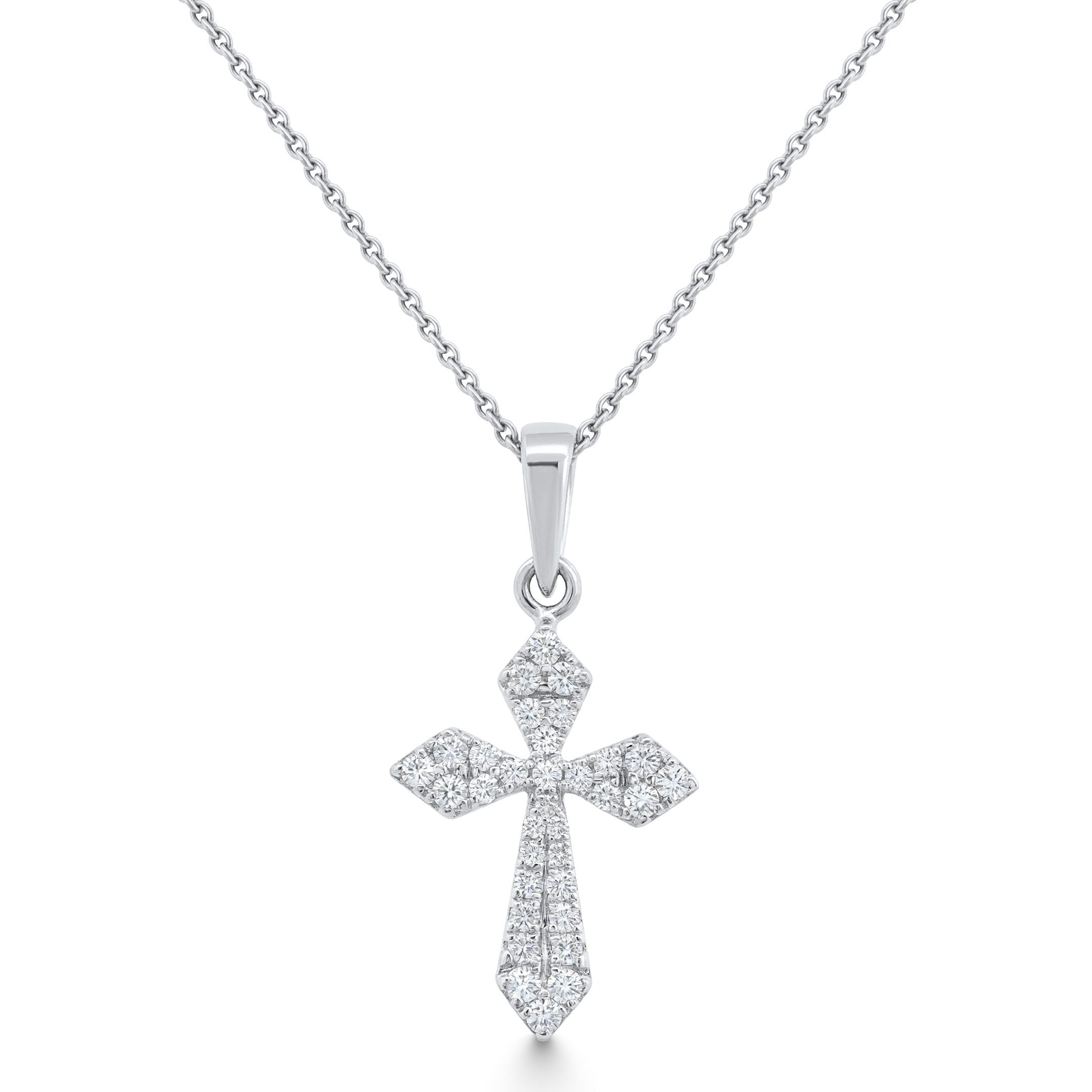 14K White Gold Natural Diamond Pointed-Tip Cross Pendant Necklace