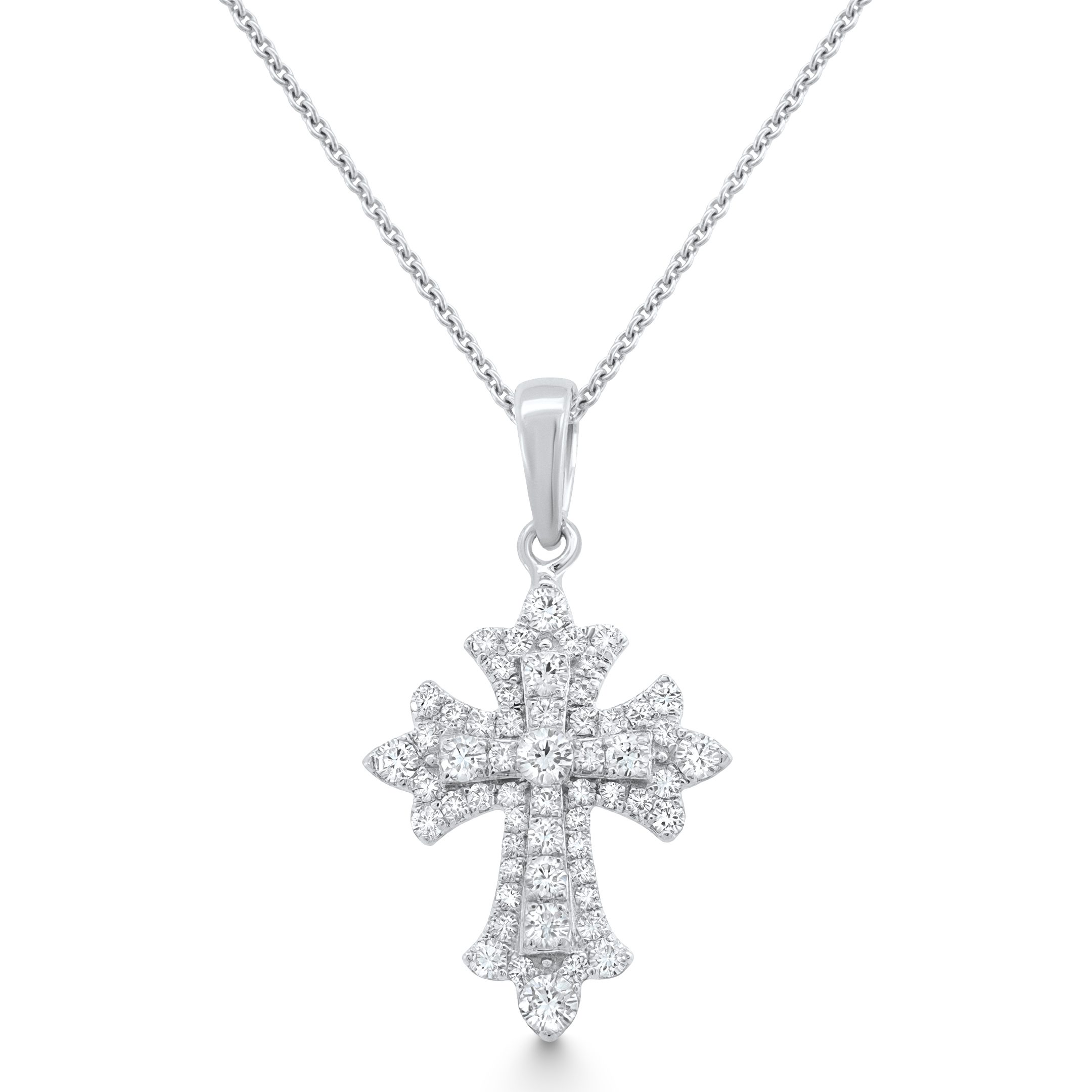 14K White Gold Natural Diamond Ornate Gothic Cross Pendant Necklace