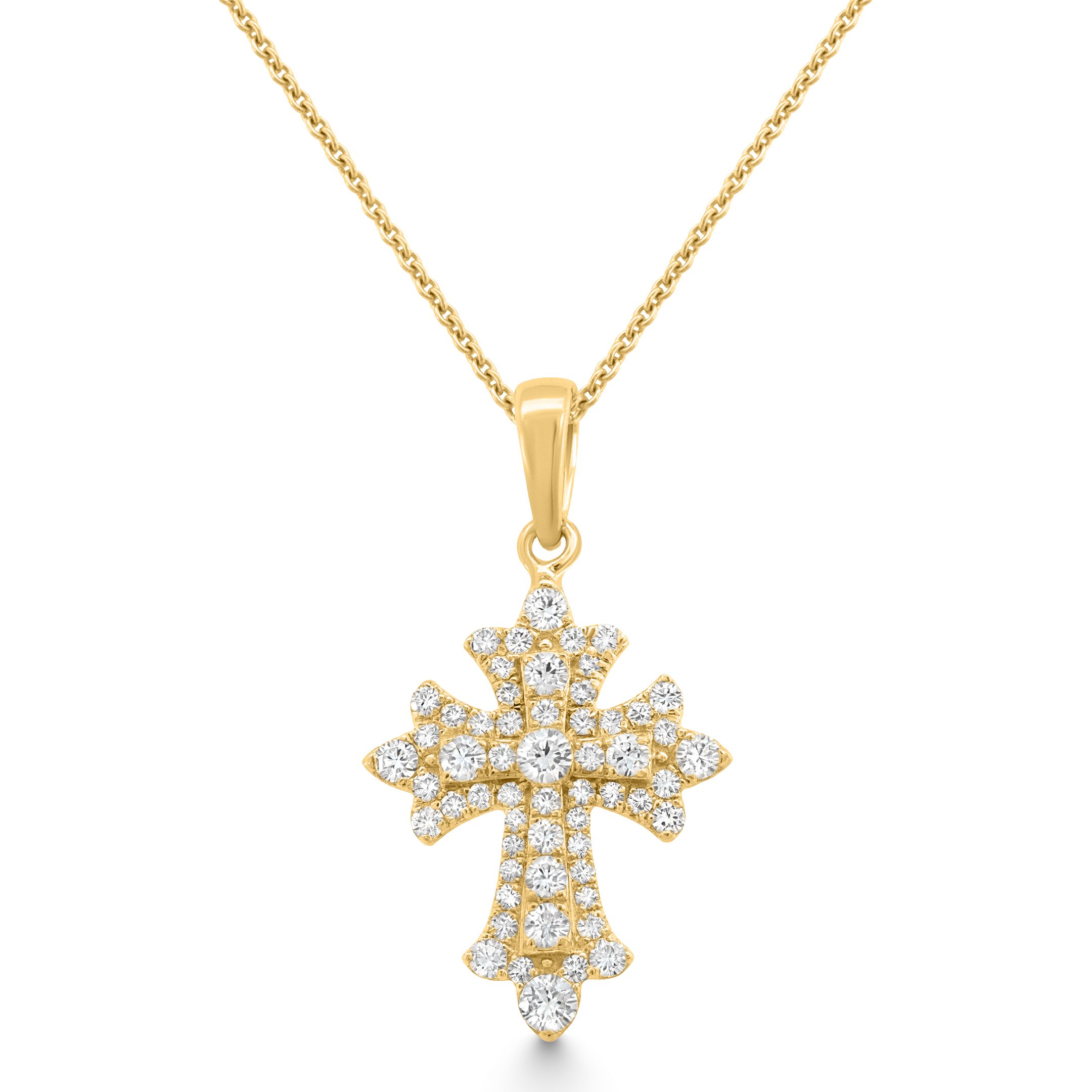 14K Yellow Gold Natural Diamond Ornate Gothic Cross Pendant Necklace