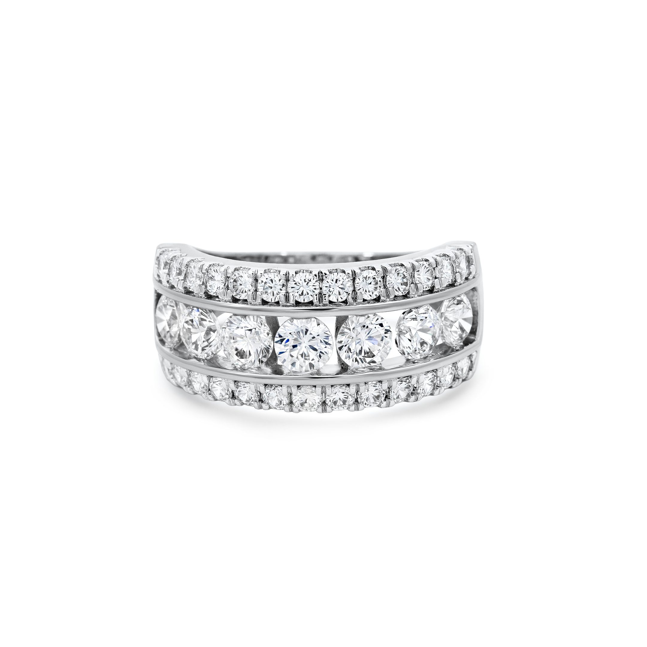14K White Gold Natural Diamond Wide Three-Row Anniversary Band Ring